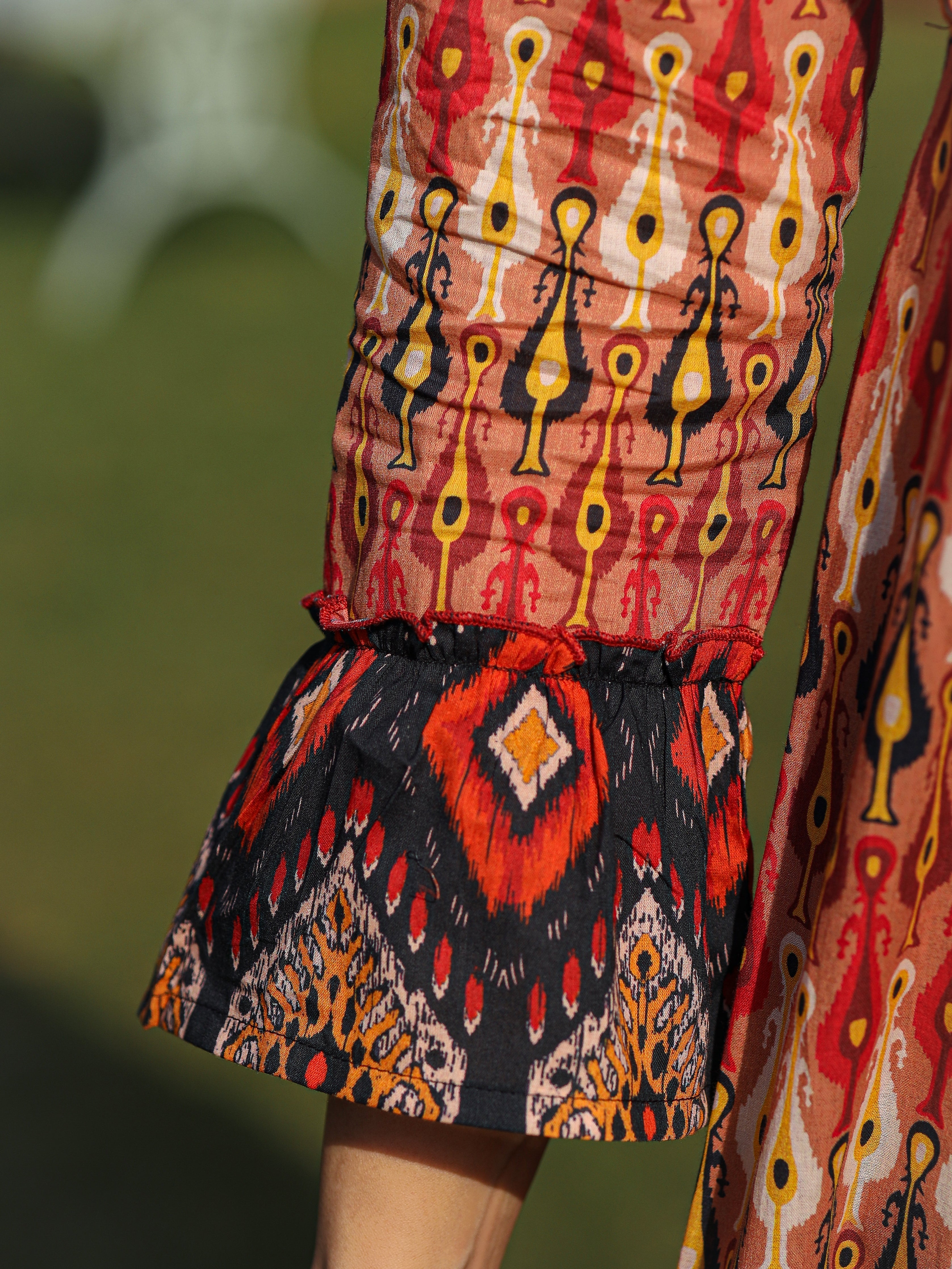 Rust Ikat Printed Cotton Maxi Dress with Embroidered Neckline | DesiQl
