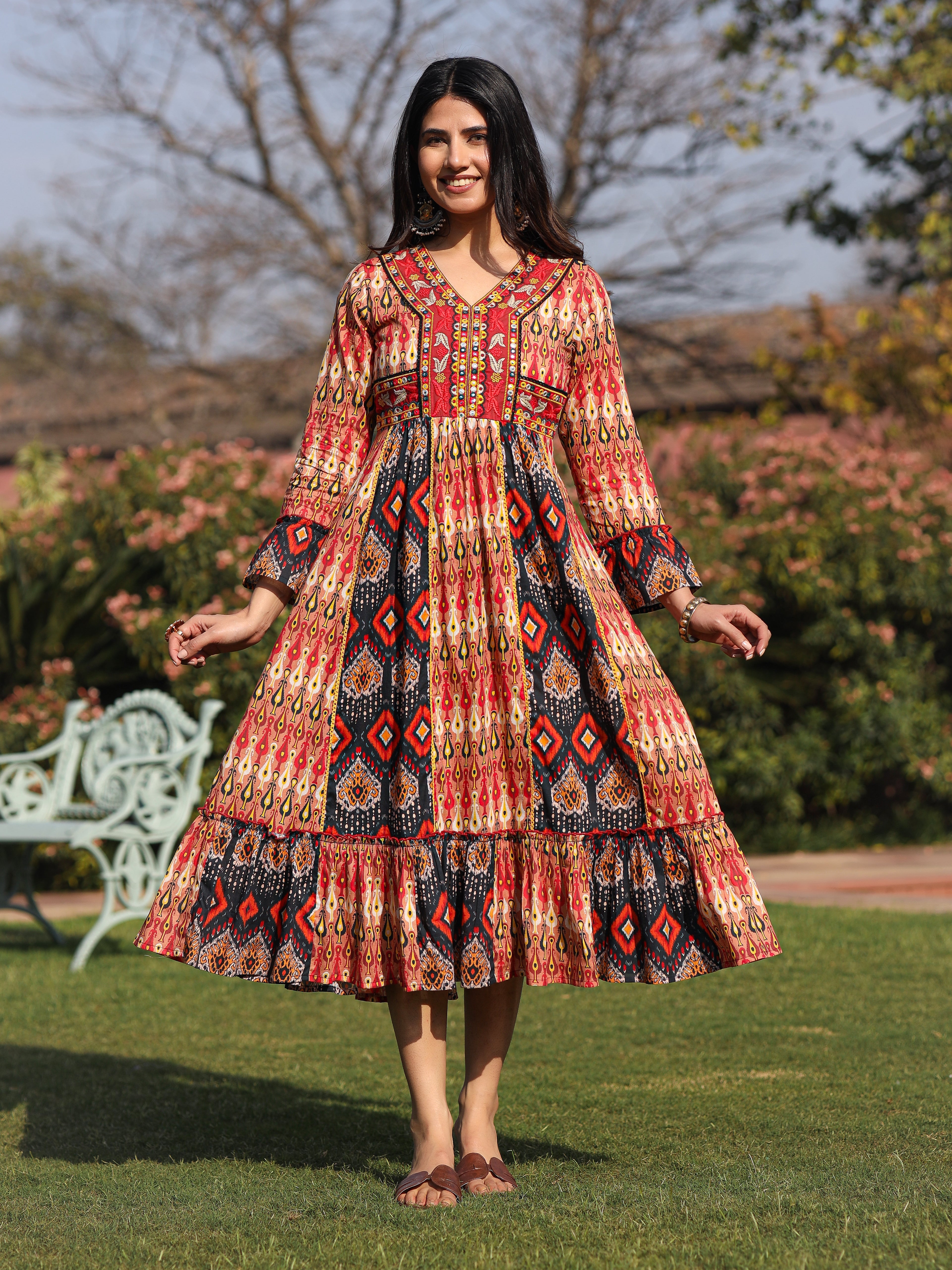Rust Ikat Printed Cotton Maxi Dress with Embroidered Neckline | DesiQl