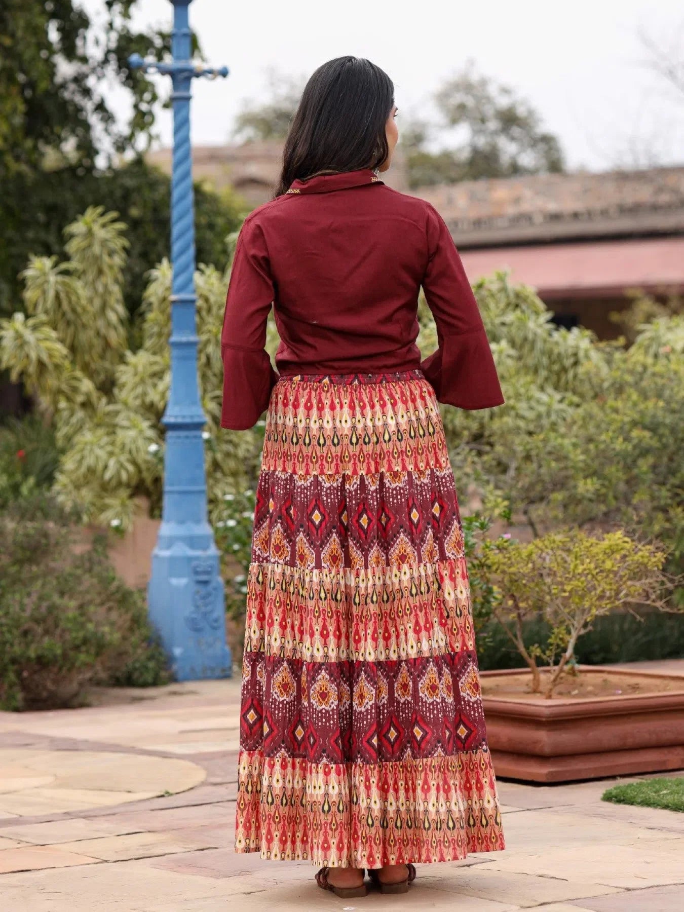 Rust Rayon Co-ord Set: Women's Printed Skirt & Shirt Outfit