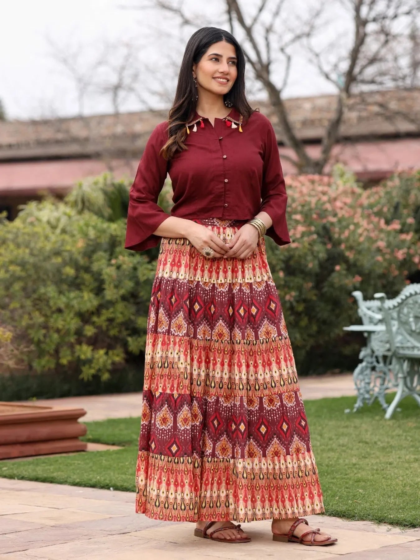 Rust Rayon Co-ord Set: Women's Printed Skirt & Shirt Outfit