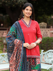 Rust Thered Embroidered Rayon Kurta Sharara & Voile Dupatta Set-S4568RUST