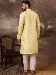 Ethnic Bay Men Yellow Silk Blend Solid Embroidered Straight Kurta With Pant Set-MKSET1364