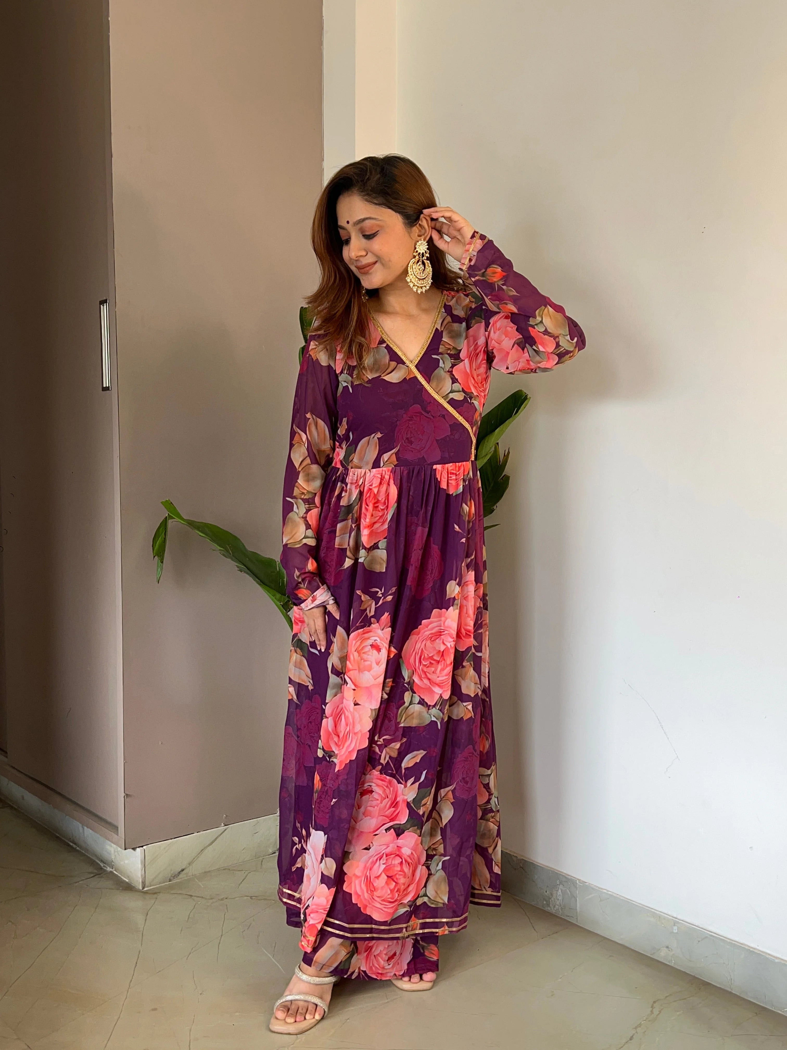 Women's Angrakha Kurta Palazzo Set - Floral Printed Design