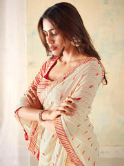 Women's Georgette Off White Embellished Designer Saree With Blouse Piece-SAADI1004