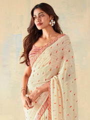 Women's Georgette Off White Embellished Designer Saree With Blouse Piece-SAADI1004