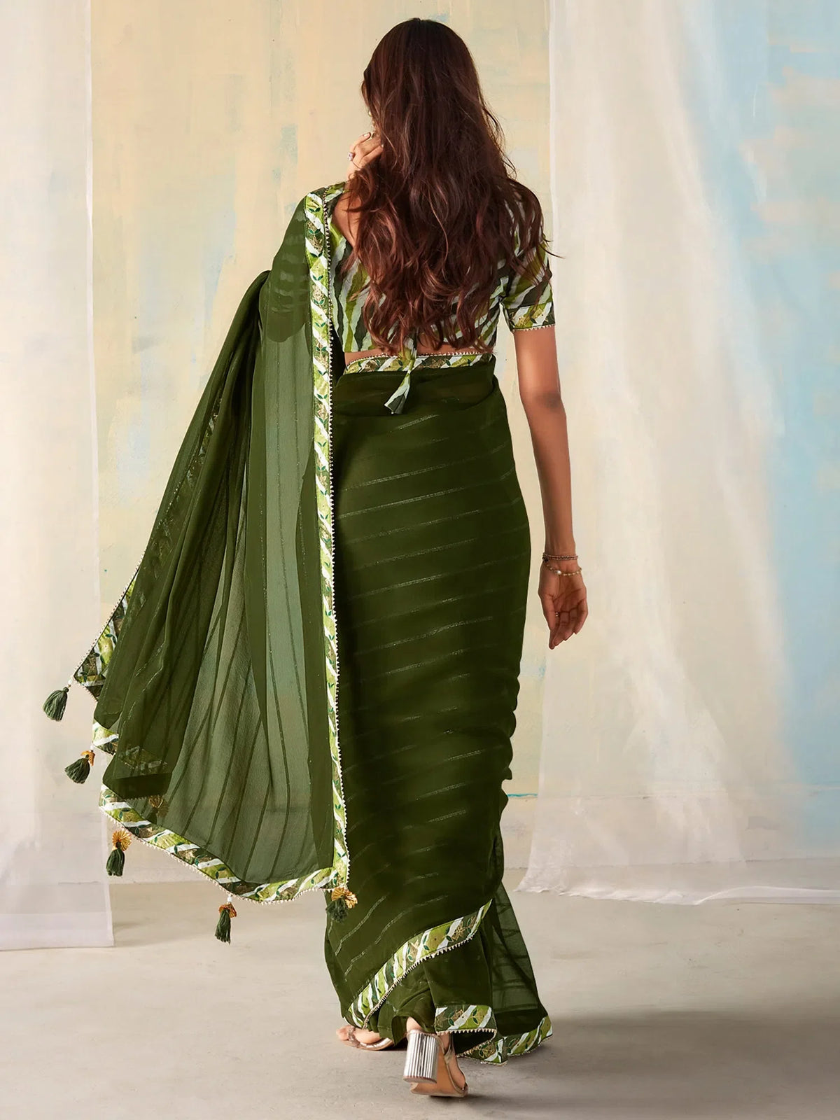Women's Georgette Olive Embellished Designer Saree With Blouse Piece-SAADI1005