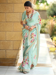Women's Satin  Turquoise Digital Print Designer Saree With Blouse Piece-SAHAR1001
