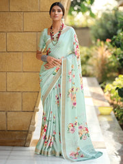 Women's Satin  Turquoise Digital Print Designer Saree With Blouse Piece-SAHAR1001