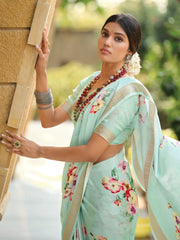 Women's Satin  Turquoise Digital Print Designer Saree With Blouse Piece-SAHAR1001