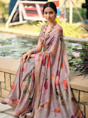 Women's Linen Blend Teal Blue Printed Designer Saree With Blouse Piece-SUMER102