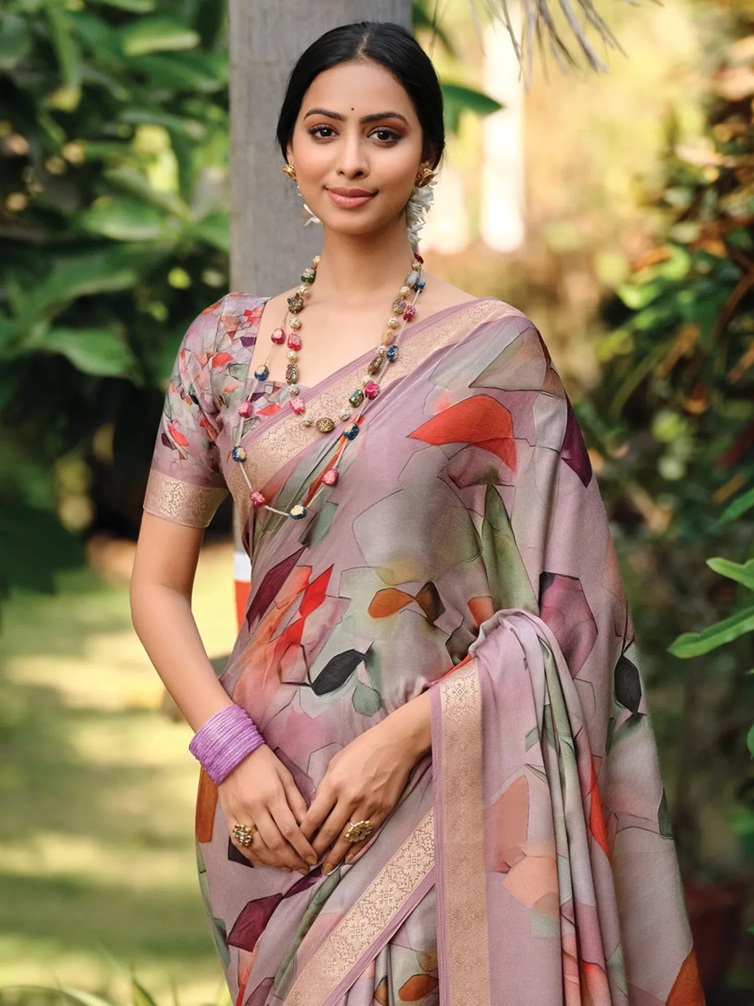 Mauve Digital Print Satin Saree | Designer Sarees India