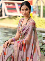 Women's Linen Blend Teal Blue Printed Designer Saree With Blouse Piece-SUMER102
