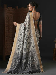Women's Linen Cream Printed Designer Saree With Blouse Piece-KAFYN380002