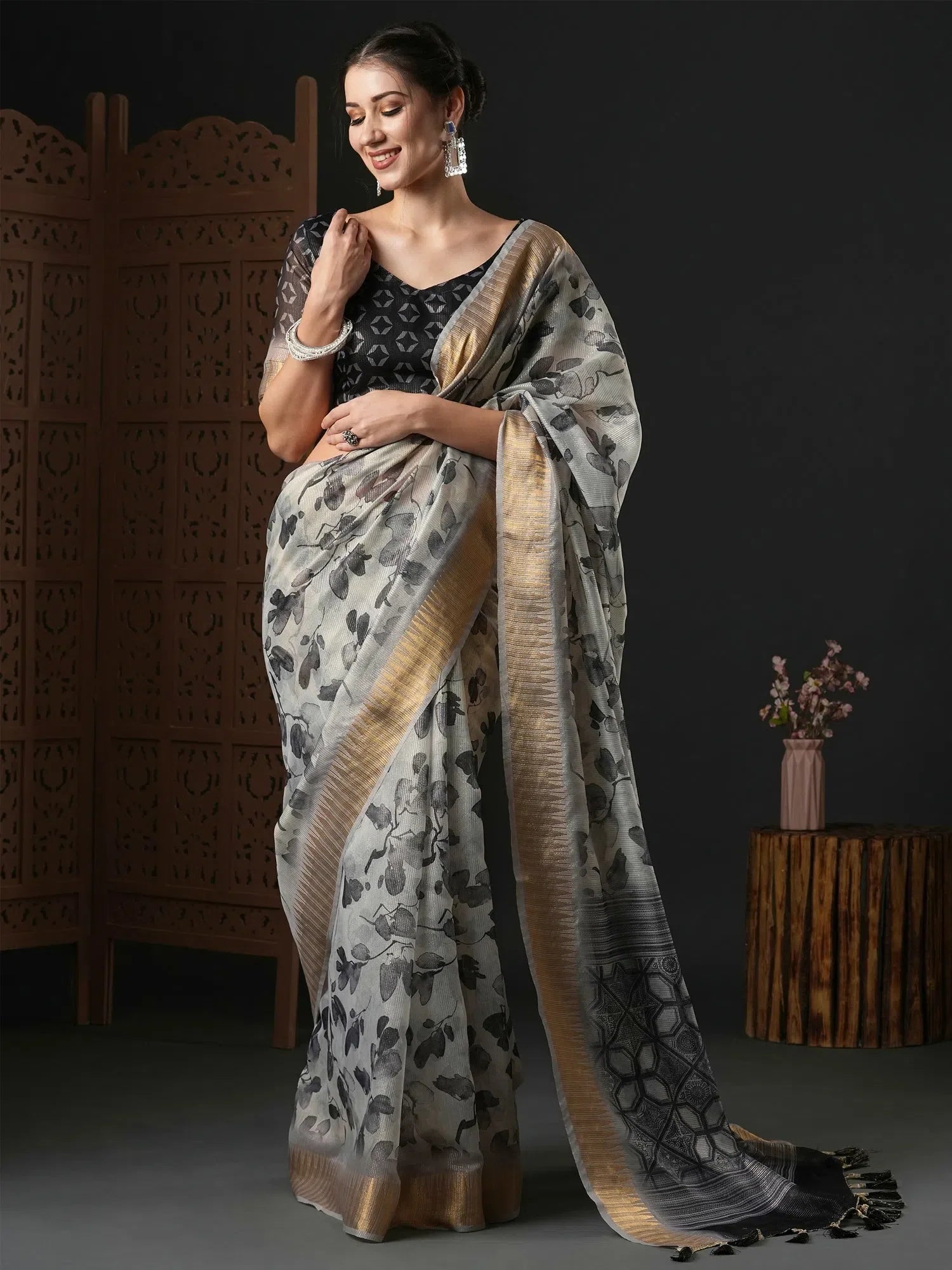 Grey Printed Organza Saree | Indian Sarees & Blouse
