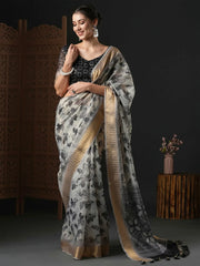 Women's Linen Cream Printed Designer Saree With Blouse Piece-KAFYN380002