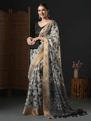 Women's Linen Cream Printed Designer Saree With Blouse Piece-KAFYN380002