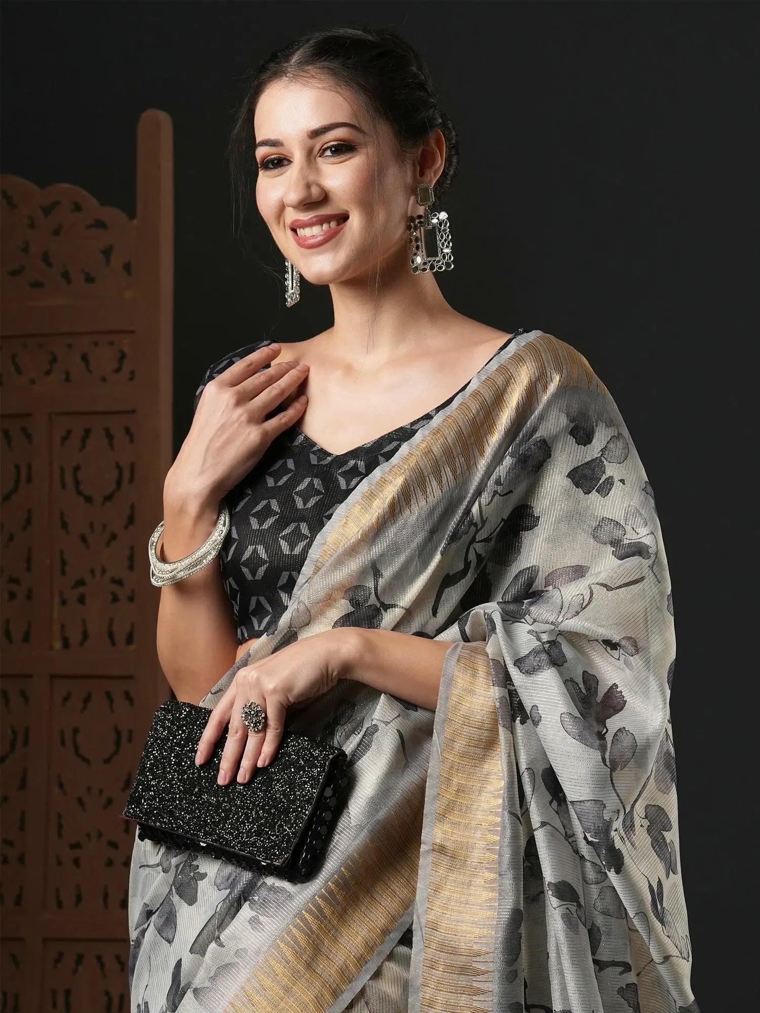 Grey Printed Organza Saree | Indian Sarees & Blouse