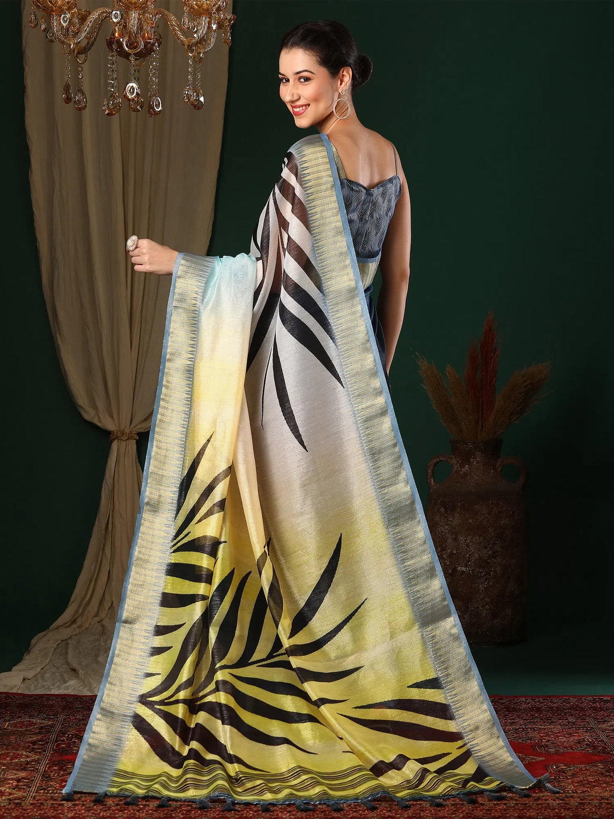 Women's Organza Navy Blue Printed Designer Saree With Blouse Piece-SALILA143