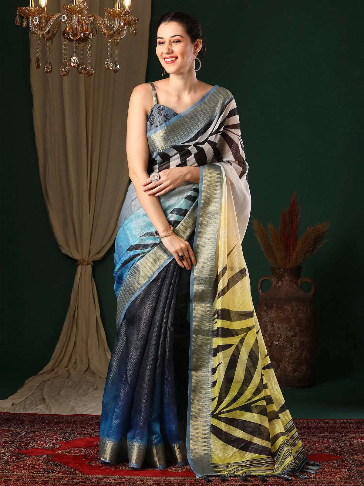 Women's Linen Navy Blue Printed Designer Saree With Blouse Piece-SUSHM707