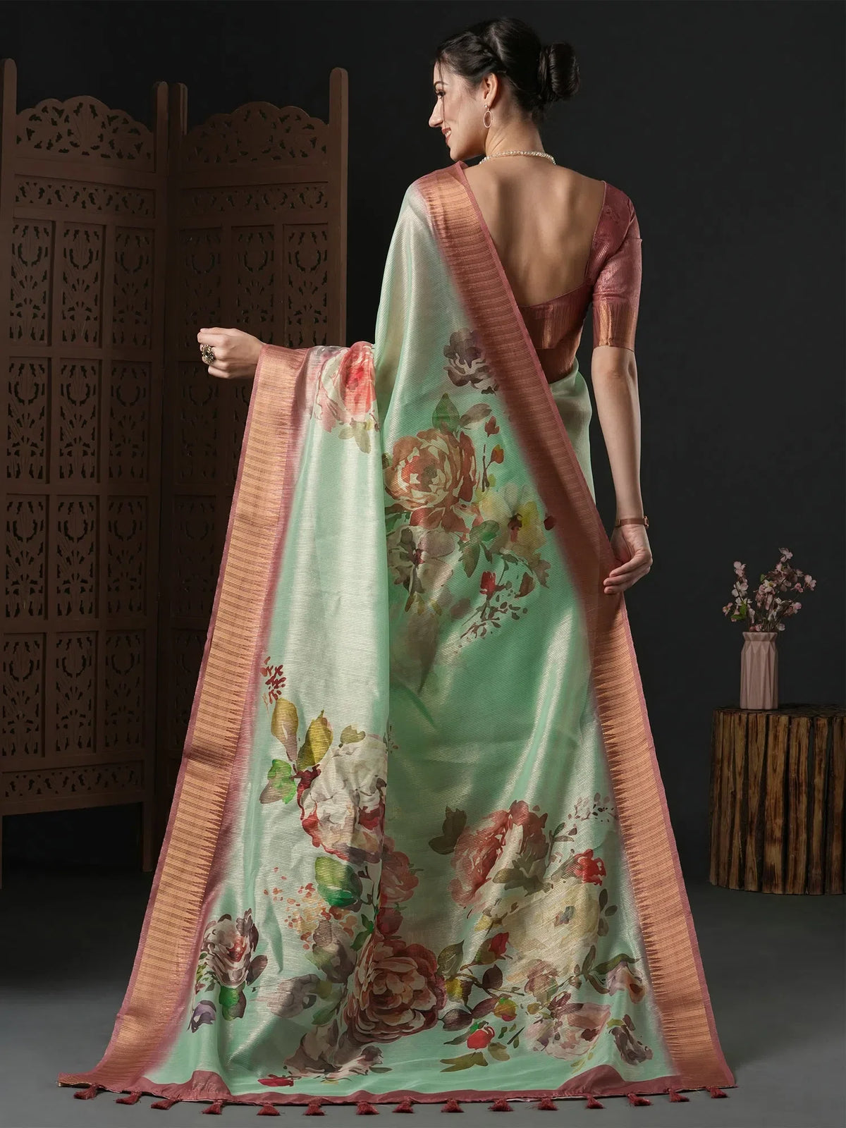 Women's Organza Sea Green Printed Designer Saree With Blouse Piece-SALILA201