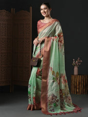 Women's Organza Sea Green Printed Designer Saree With Blouse Piece-SALILA201