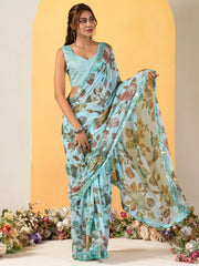 Women's Georgette Light Blue Embellished Designer Saree With Blouse Piece-SANCHI104