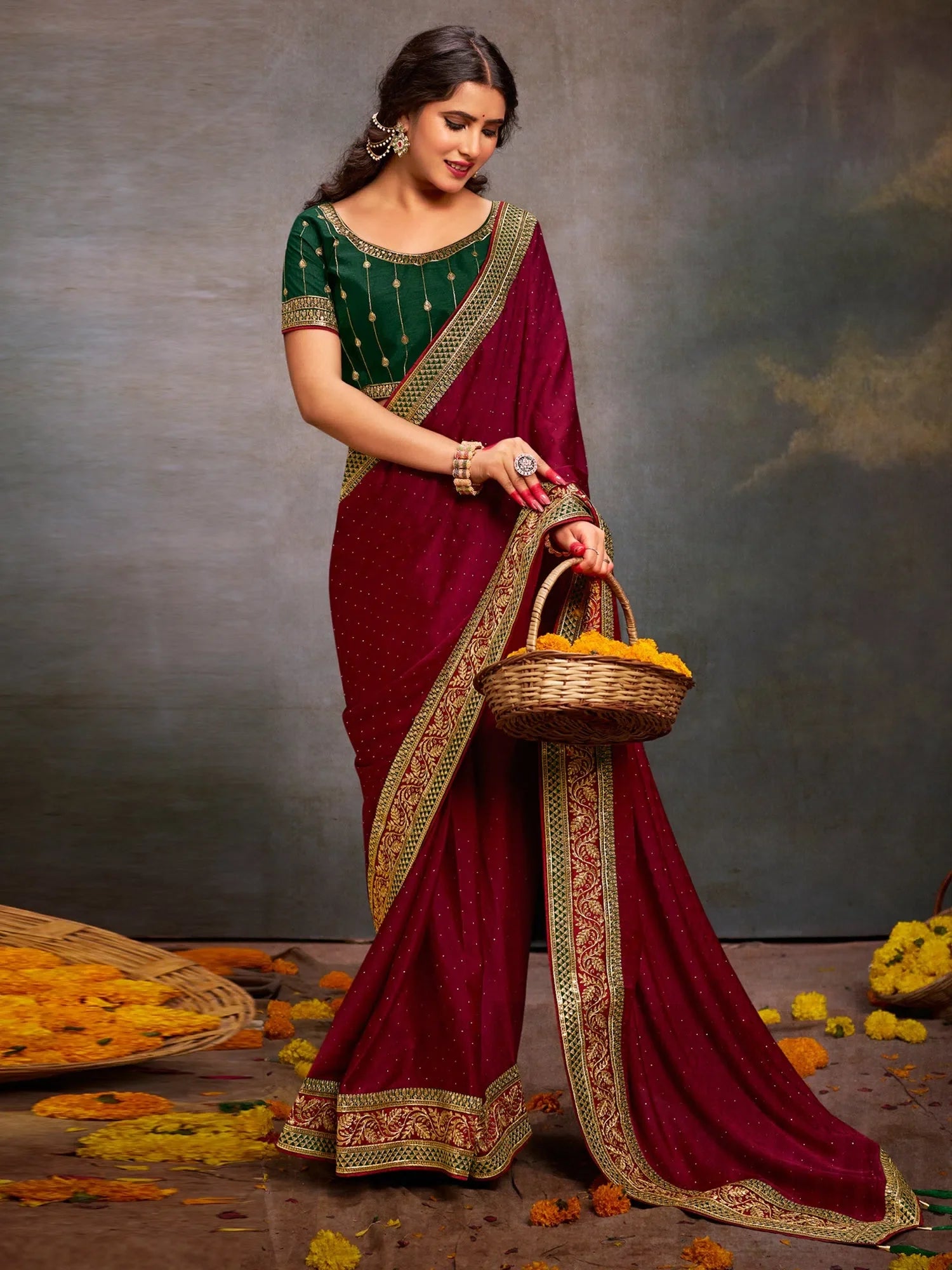 Green Embroidered Satin Saree | Indian Sarees