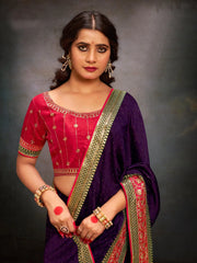 Women's Satin Pink Embroidered Designer Saree With Blouse Piece-SANCHI3002