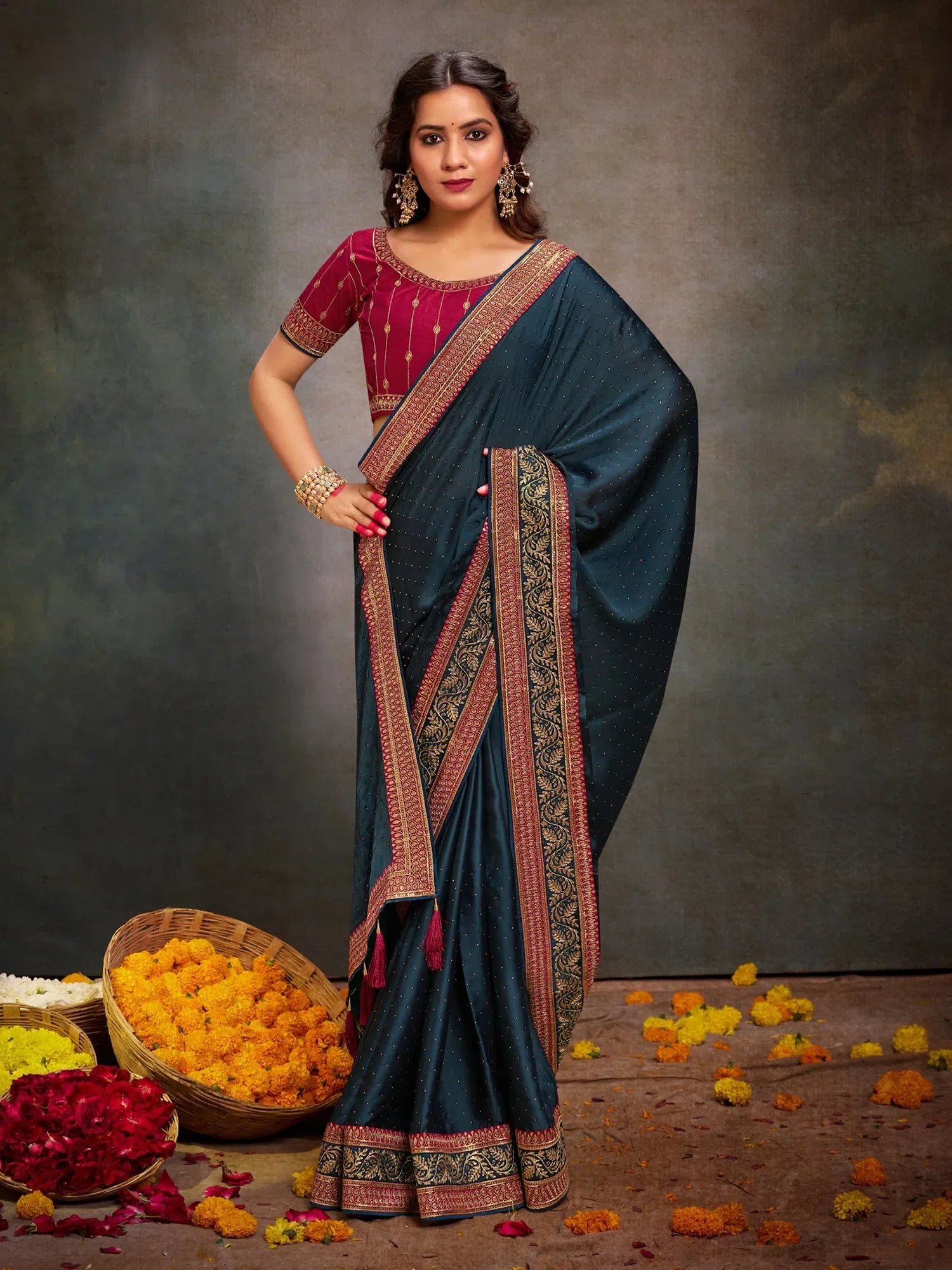 Pink Embroidered Satin Saree | Designer Sarees India