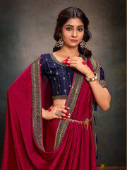 Women's Satin Navy Blue Embroidered Designer Saree With Blouse Piece-SANCHI3006