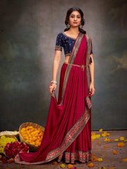 Women's Satin Navy Blue Embroidered Designer Saree With Blouse Piece-SANCHI3006