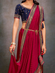 Women's Satin Navy Blue Embroidered Designer Saree With Blouse Piece-SANCHI3006
