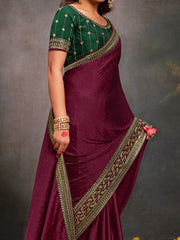 Women's Satin Green Embroidered Designer Saree With Blouse Piece-SANCHI3007