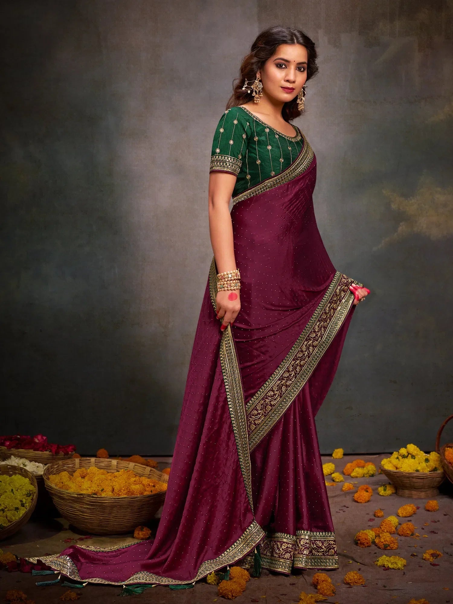 Green Embroidered Satin Saree | Indian Wedding Sarees