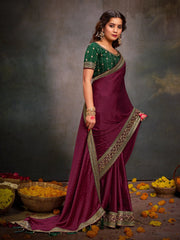 Women's Satin Green Embroidered Designer Saree With Blouse Piece-SANCHI3007