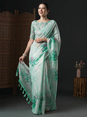 Women's Manipuri Blue Printed Designer Saree With Blouse Piece-MGP01B