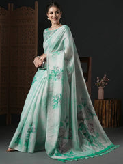 Women's Manipuri Blue Printed Designer Saree With Blouse Piece-MGP01B