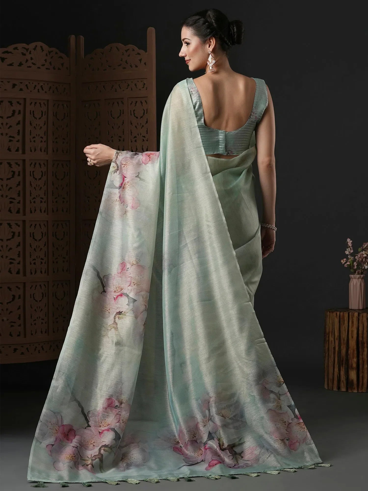 Sea Green Organza Printed Saree - Designer Sarees India