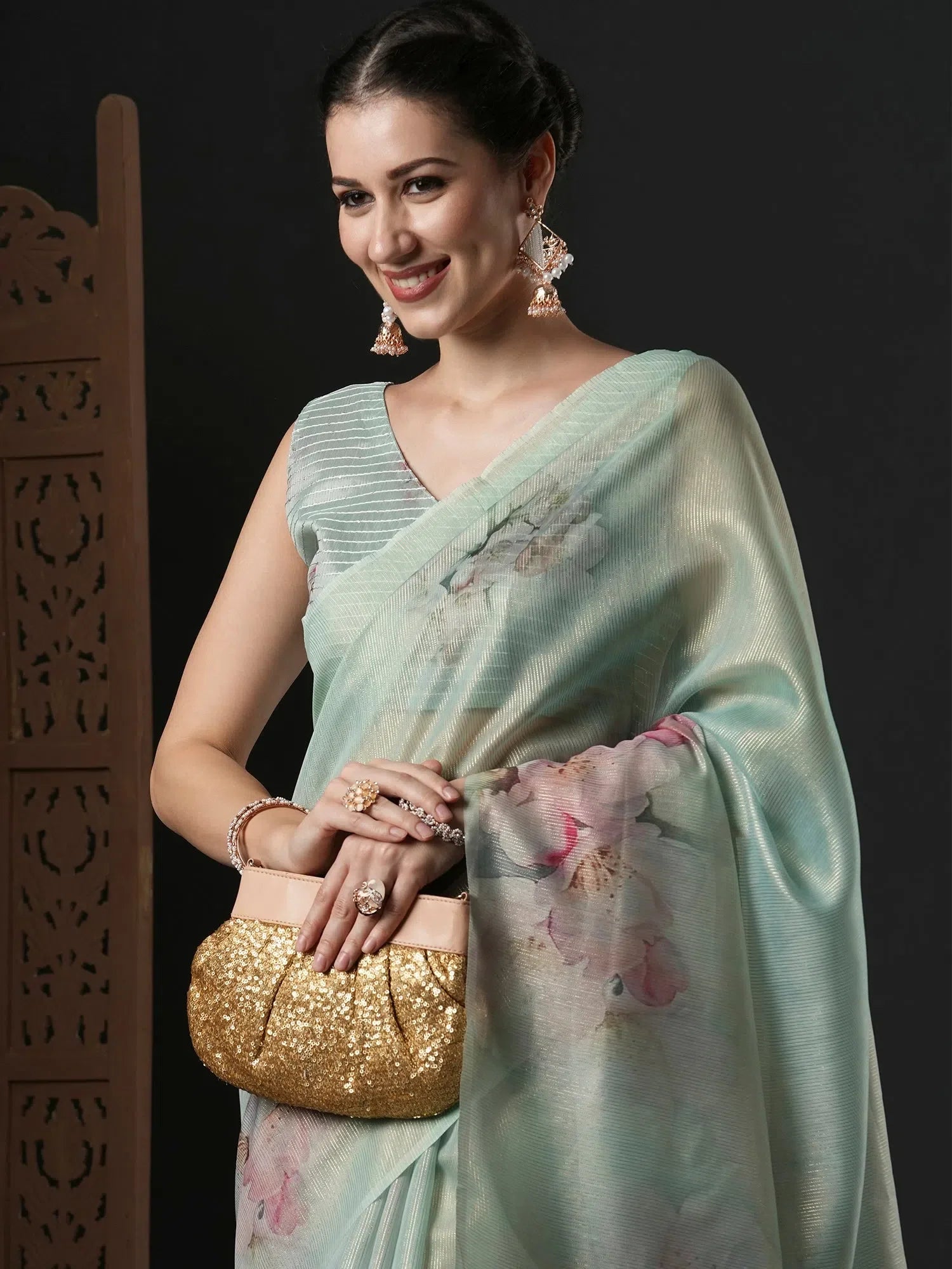 Sea Green Organza Printed Saree - Designer Sarees India