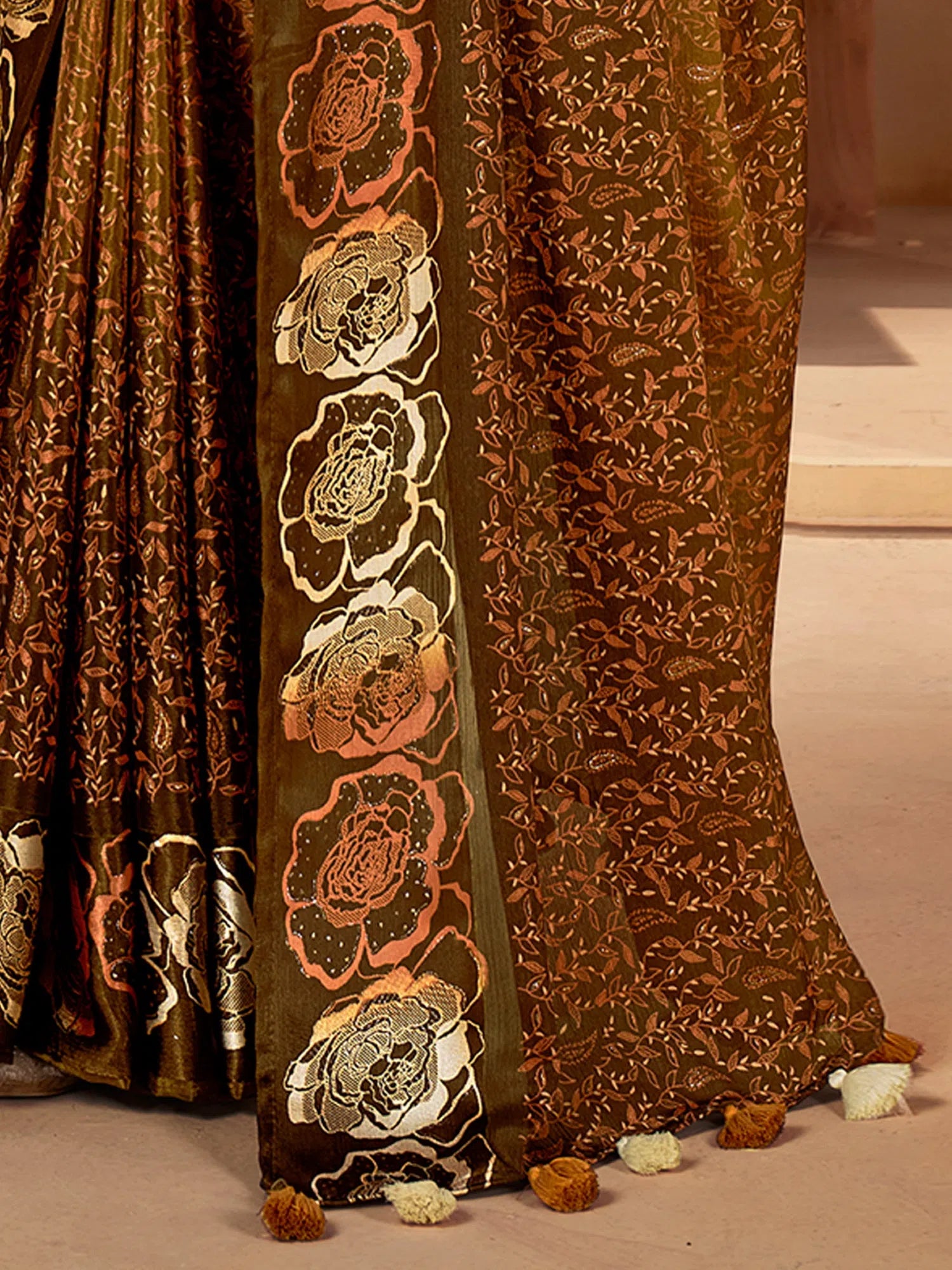 Olive Printed Polyester Saree | Indian Sari with Blouse