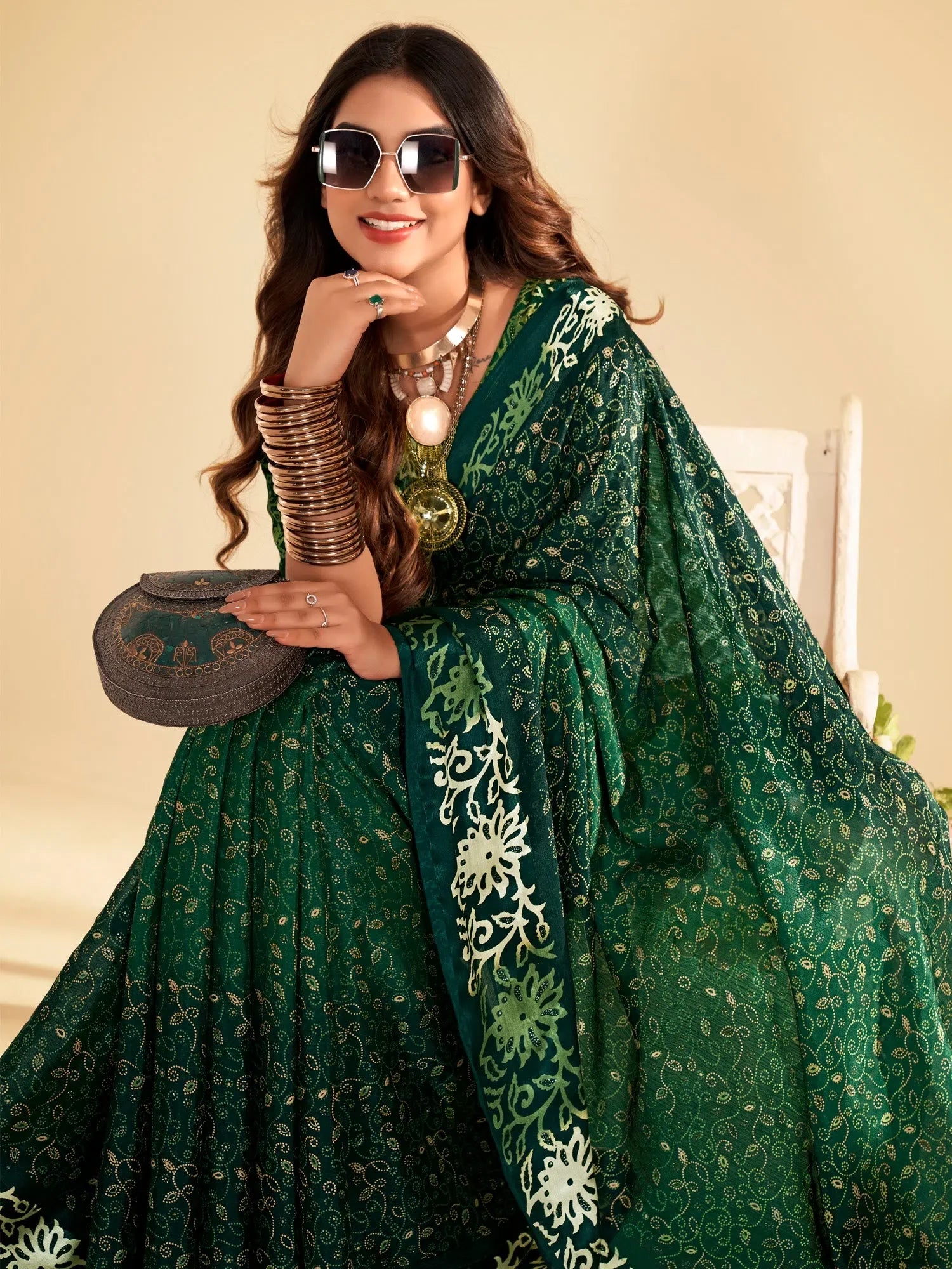 Elegant Green Printed Polyester Saree | Designer Sarees India