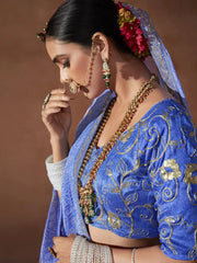 Women's Chiffon Blue Embellished Designer Saree With Blouse Piece-SANVI1003