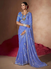Women's Chiffon Blue Embellished Designer Saree With Blouse Piece-SANVI1003