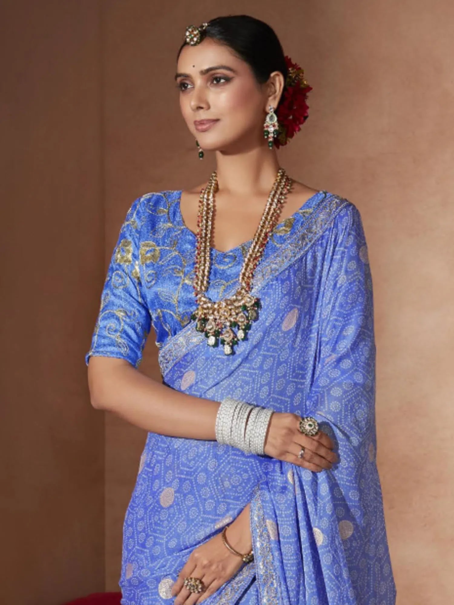 Blue Embellished Polyester Saree | Indian Sari Collection