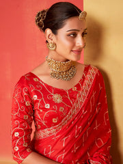 Women's Chiffon Red Embellished Designer Saree With Blouse Piece-SANVI2003