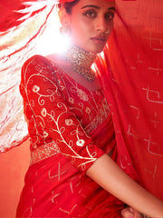 Women's Chiffon Red Embellished Designer Saree With Blouse Piece-SANVI2003