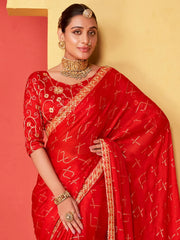 Women's Chiffon Red Embellished Designer Saree With Blouse Piece-SANVI2003