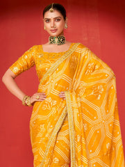 Women's Chiffon Yellow Embellished Designer Saree With Blouse Piece-SANVI2004