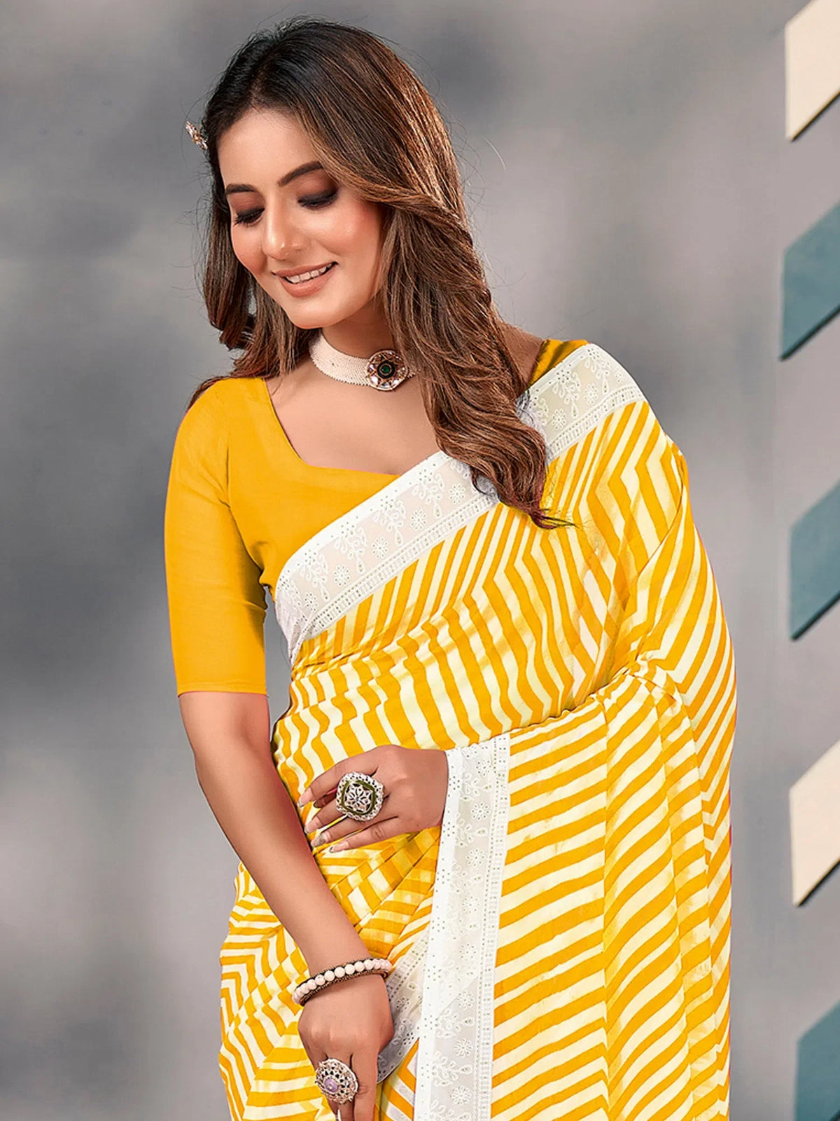 Women's Georgette Yellow Embellished Designer Saree With Blouse Piece-SARVI07
