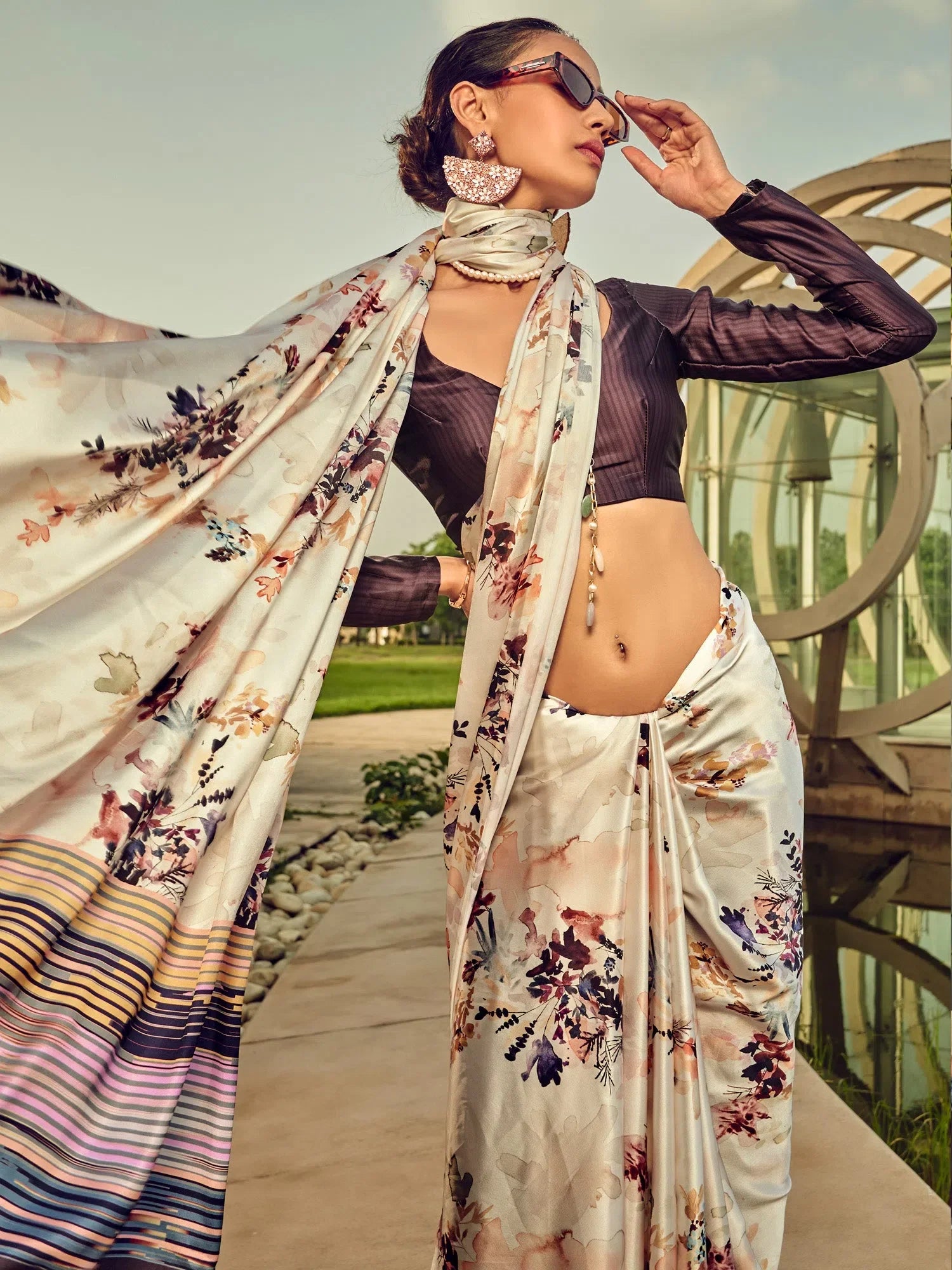 Cream Printed Satin Saree | Indian Sarees Collection